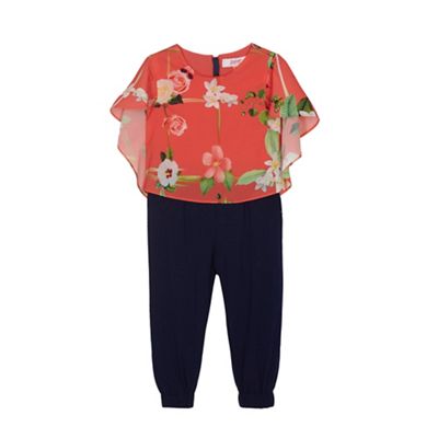 Girls' orange and navy floral print jumpsuit